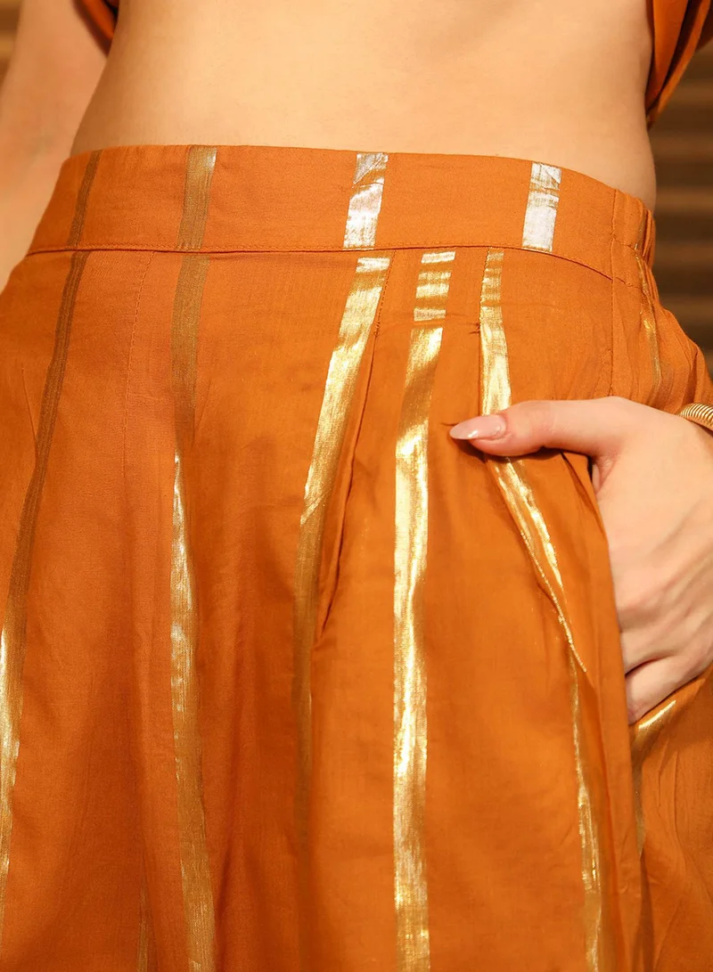 Qissa  Women's Marigold Orange Metallic Striped Kurta Set for Women | Best Price UAE