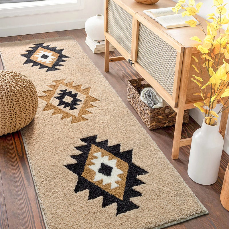DEXDE Boho Bathroom Runner Rugs 24x60 Long Bath Mat for Bathroom Bedroom Hallway Kitchen Shower Luxury Soft Absorbent Large Bath Rugs Carpet Geometric Farmhouse Home Decor, Beige - Image 2