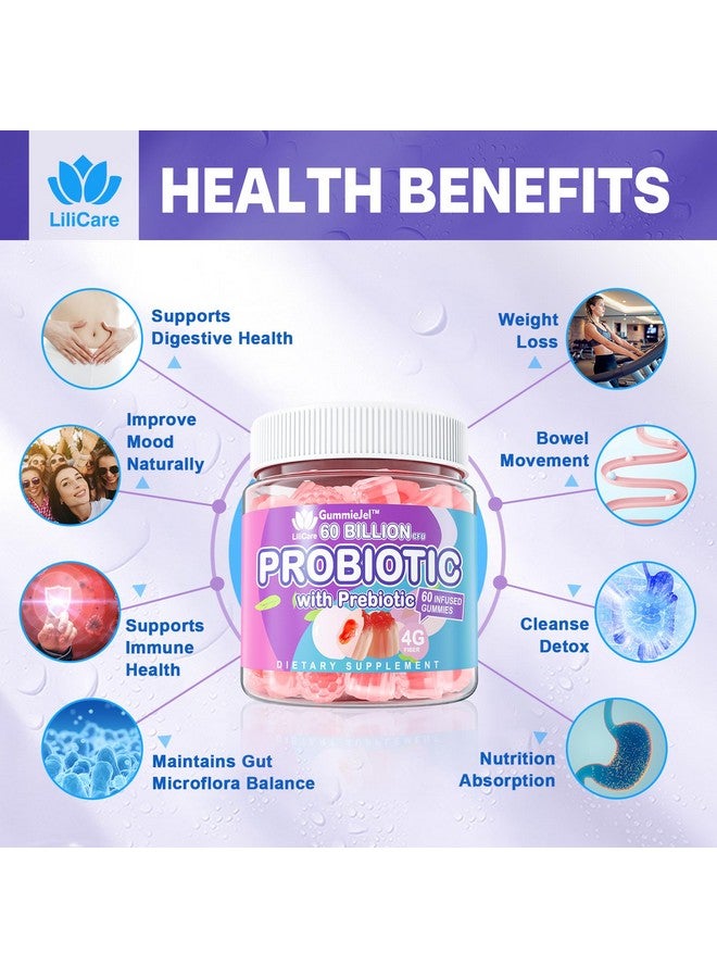 EnvyDeal Sugar Free Probiotic Gummies 60 Billion CFU 11 Strains with Prebiotics Fiber, Probiotics Filled Gummies for Women Men Digestive Health, Peach Flavor, Supports Constipation, Diarrhea, Gas & Bloating - Image 5