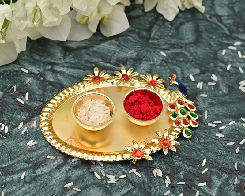 JAIPUR ACE Golden Metal Kumkum Holder/Kumkum Box for Gifting,Pooja, Thali, Mandir, Home, Temple, Gifting Golden Kumkum (Peacock Roli Kumkum) - Image 1