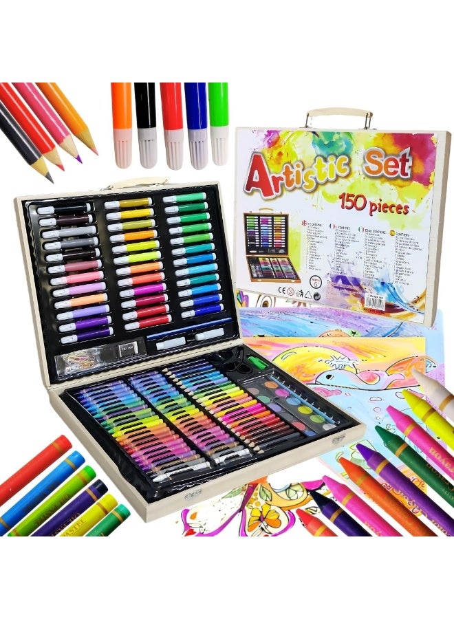 الحلم 150 قطعة من لوازم الفنون الجميلة مجموعة أدوات الرسم للفتيات والفتيان والمراهقين، صندوق خشبي لمجموعة أدوات التلوين، أقلام تلوين وأقلام رصاص ملونة للفنانين الصغار - Image 1