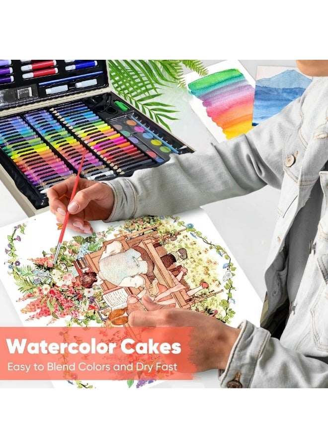 الحلم 150 قطعة من لوازم الفنون الجميلة مجموعة أدوات الرسم للفتيات والفتيان والمراهقين، صندوق خشبي لمجموعة أدوات التلوين، أقلام تلوين وأقلام رصاص ملونة للفنانين الصغار - Image 3