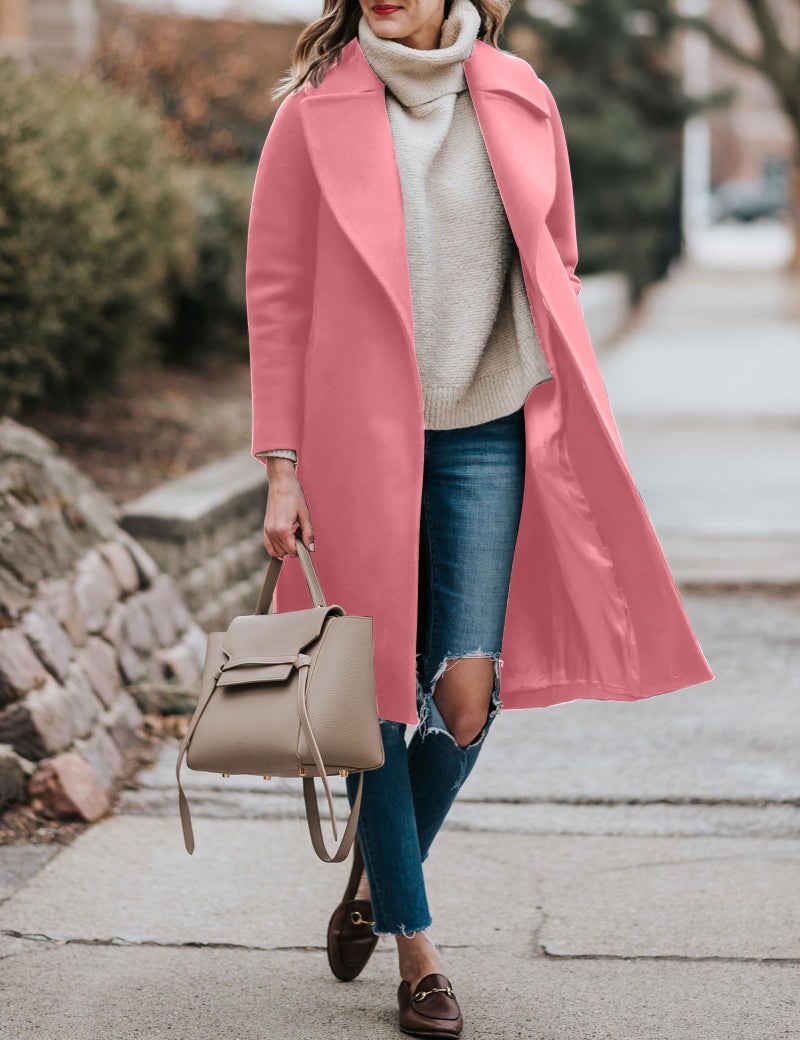 BZB Women's Long Wool Blend Pea Coat Winter Casual Overcoat Notched Lapel Collar Trench Coat Belted Long Jacket Outerwear - Image 2