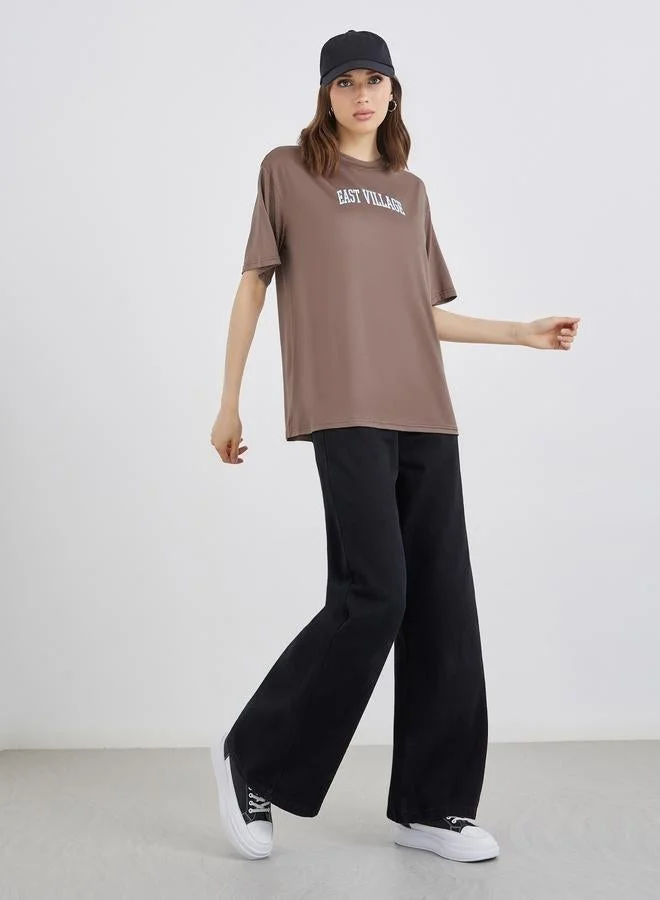 Take Two Take Two Brown Oversized Slogan T-Shirt