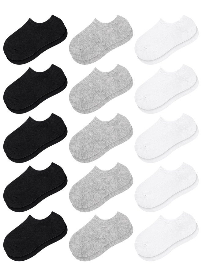 Cooraby 15 Pairs No Show Socks Kids Anti-slip Low Cut Ankle Athletic Socks for Girls & Boys (Black, White, Gray) 4-6 Years - Image 1