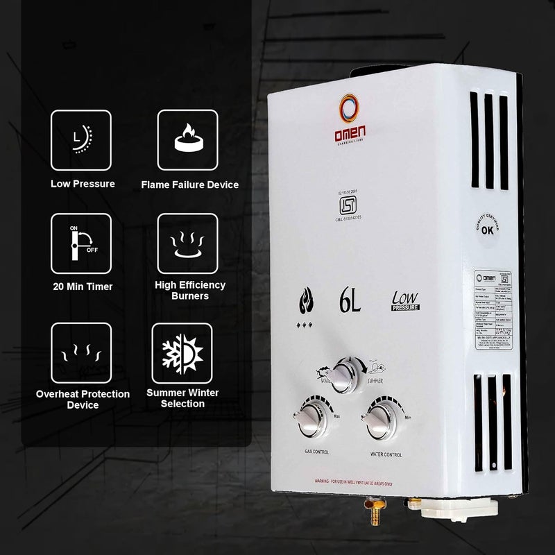 Omen Changing Lives Omen Changing Lives 6Litre Instant Gas Water Heater High Heating Efficiency Auto Ignition Durable Copper Tank ISI Approved Safe for Home Bathroom Elegant  - Image 2