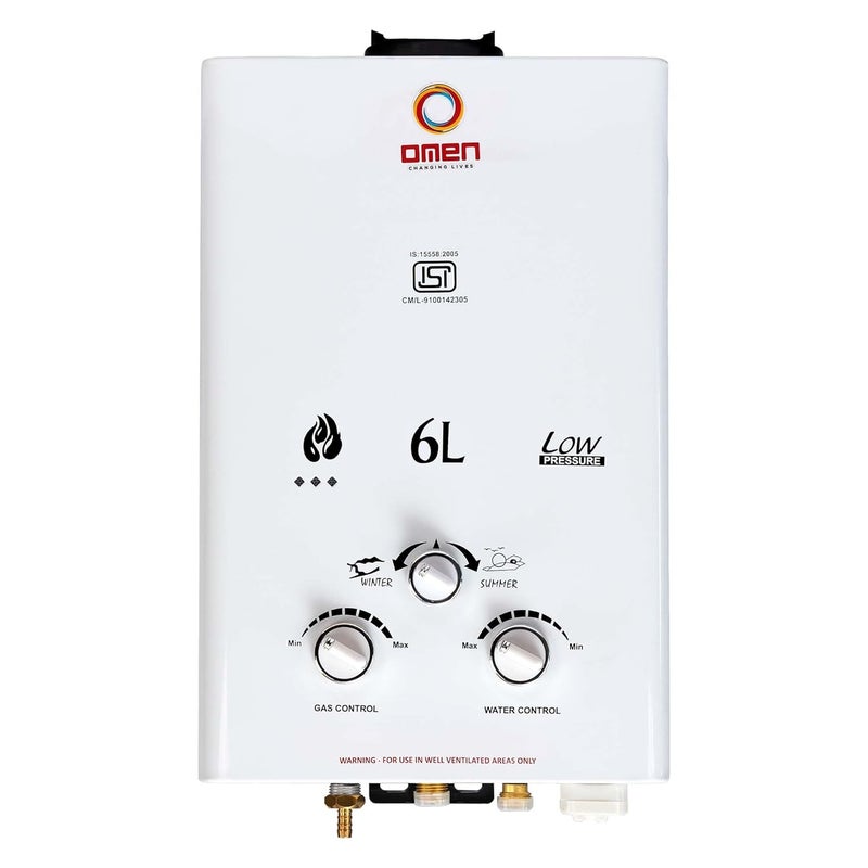 Omen Changing Lives Omen Changing Lives 6Litre Instant Gas Water Heater High Heating Efficiency Auto Ignition Durable Copper Tank ISI Approved Safe for Home Bathroom Elegant  - Image 1