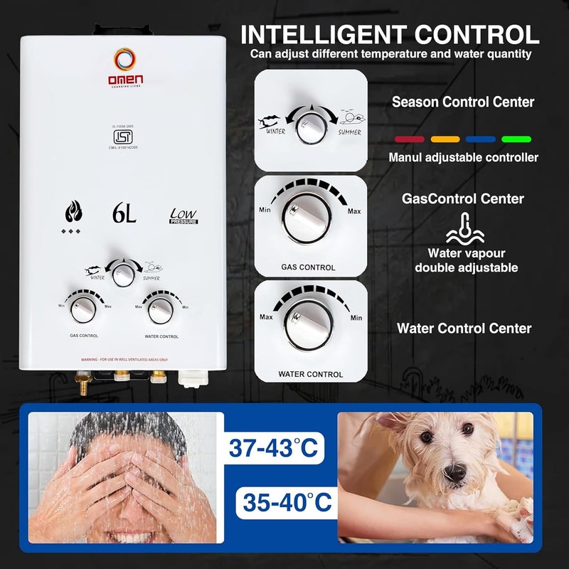 Omen Changing Lives Omen Changing Lives 6Litre Instant Gas Water Heater High Heating Efficiency Auto Ignition Durable Copper Tank ISI Approved Safe for Home Bathroom Elegant  - Image 5