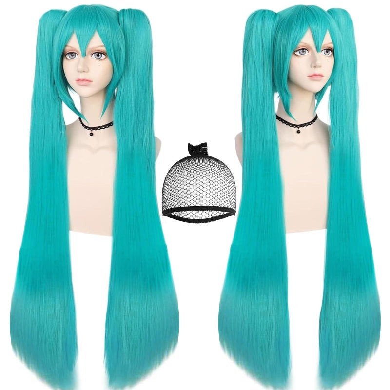 ANOGOL Hair Cap+48inch/120cm Green Wig Cosplay Green Teal wig Double Ponytail Wig, Long Green Lolita Wig For Halloween Costume, Long Green Wig With Bangs Straight wig For Halloween Party Cosplay Wig - Image 1