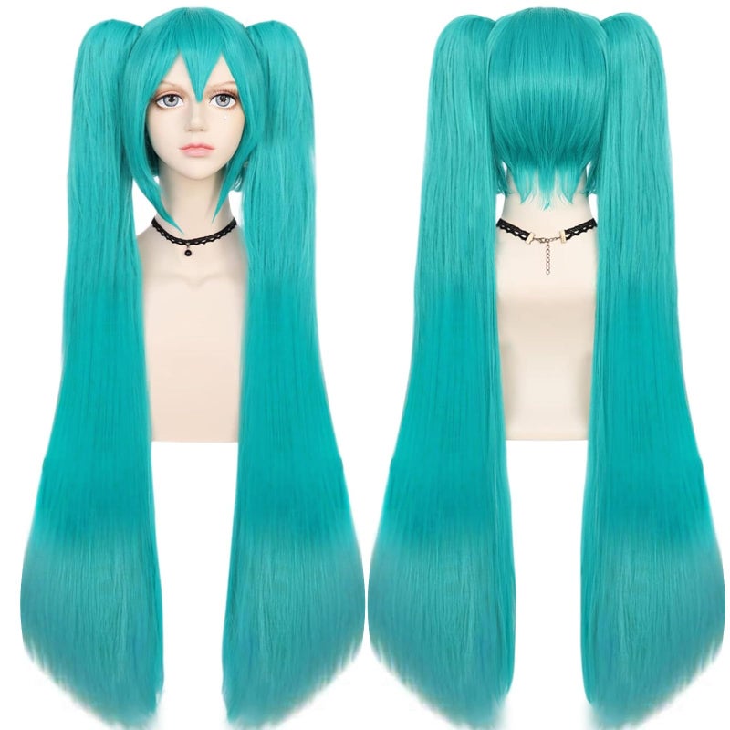 ANOGOL Hair Cap+48inch/120cm Green Wig Cosplay Green Teal wig Double Ponytail Wig, Long Green Lolita Wig For Halloween Costume, Long Green Wig With Bangs Straight wig For Halloween Party Cosplay Wig - Image 2