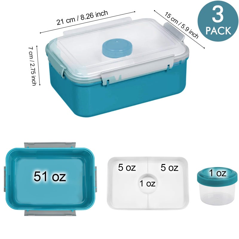 shopwithgreen 3 Pack Salad Lunch Box Food Storage Containers  47oz Bento Box To Go Container with Lids  Meal Prep Containers with Removable Tray & Dressing Pots for Kids and Adults  Reusable and Microwave Safe - Image 5