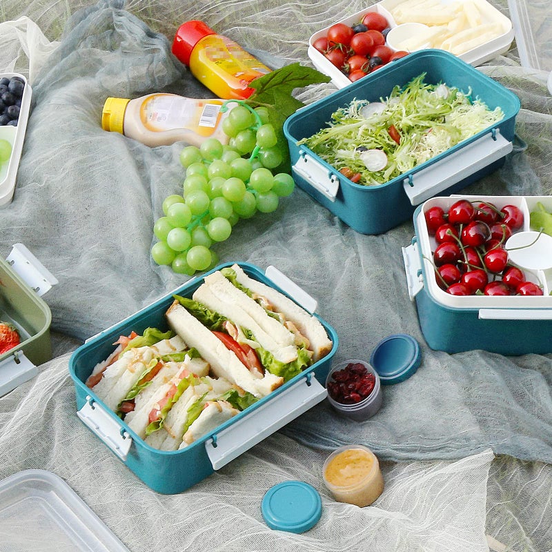 shopwithgreen 3 Pack Salad Lunch Box Food Storage Containers  47oz Bento Box To Go Container with Lids  Meal Prep Containers with Removable Tray & Dressing Pots for Kids and Adults  Reusable and Microwave Safe - Image 2
