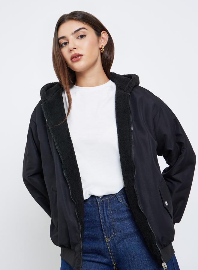 Styli Women Black Hooded Bomber Jacket - Image 3