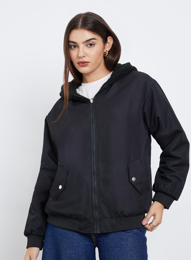 Styli Women Black Hooded Bomber Jacket - Image 4