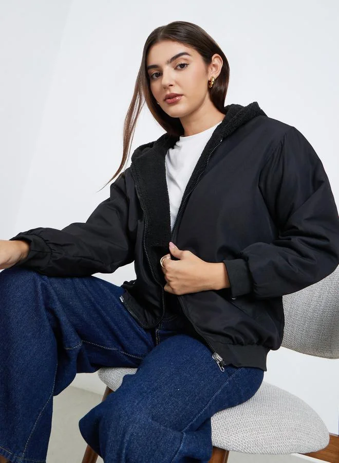 Styli Women Black Hooded Bomber Jacket