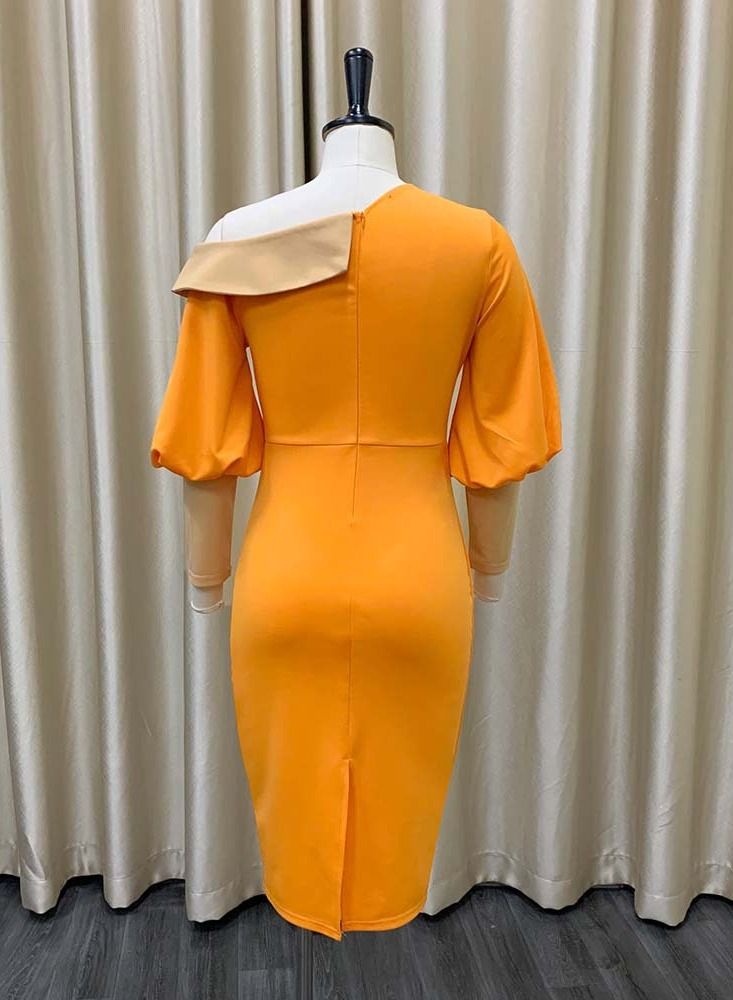 Loquat Bubble Sleeve Temperament Slim Oversize Dress Orange - Image 2
