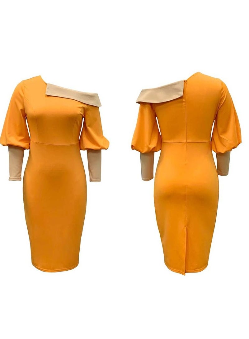 Loquat Bubble Sleeve Temperament Slim Oversize Dress Orange - Image 1