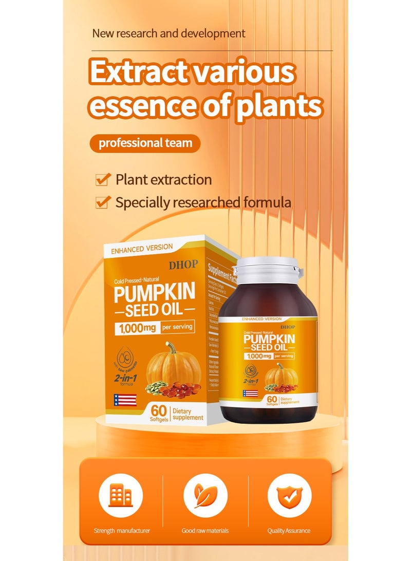 DHOP Enhanced Version Cold Pressed Natural Pumpkin Seed Oil Softgels 1000mg Per Serving 2-in-1 Formula 60-Count Dietary Supplement - Image 2