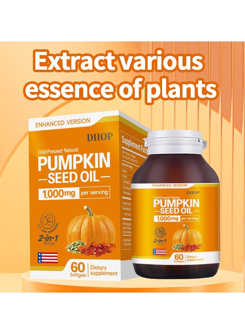 DHOP Enhanced Version Cold Pressed Natural Pumpkin Seed Oil Softgels 1000mg Per Serving 2-in-1 Formula 60-Count Dietary Supplement - Image 1
