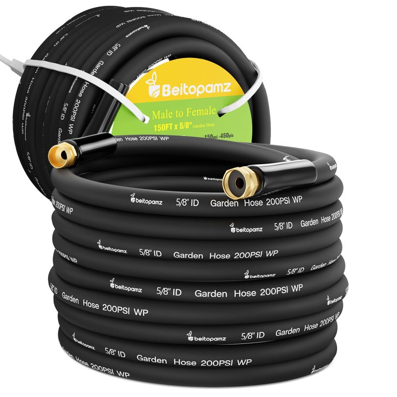 Beitopamz 150 ft Garden Hose, 5/8 in Heavy Duty Water Hose, Flexible and Durable, Lightweight Rubber Hybrid Hose, Leak-Free Connections, Male to Female 3/4'' Brass Fittings for Patio, Lawn, Black - Image 1