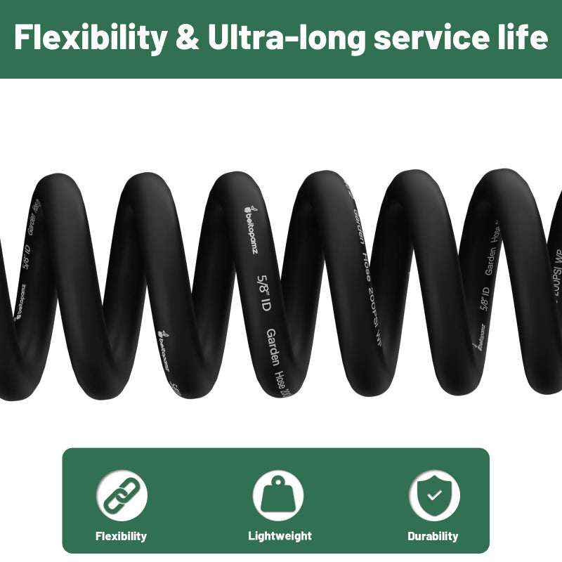 Beitopamz 150 ft Garden Hose, 5/8 in Heavy Duty Water Hose, Flexible and Durable, Lightweight Rubber Hybrid Hose, Leak-Free Connections, Male to Female 3/4'' Brass Fittings for Patio, Lawn, Black - Image 4