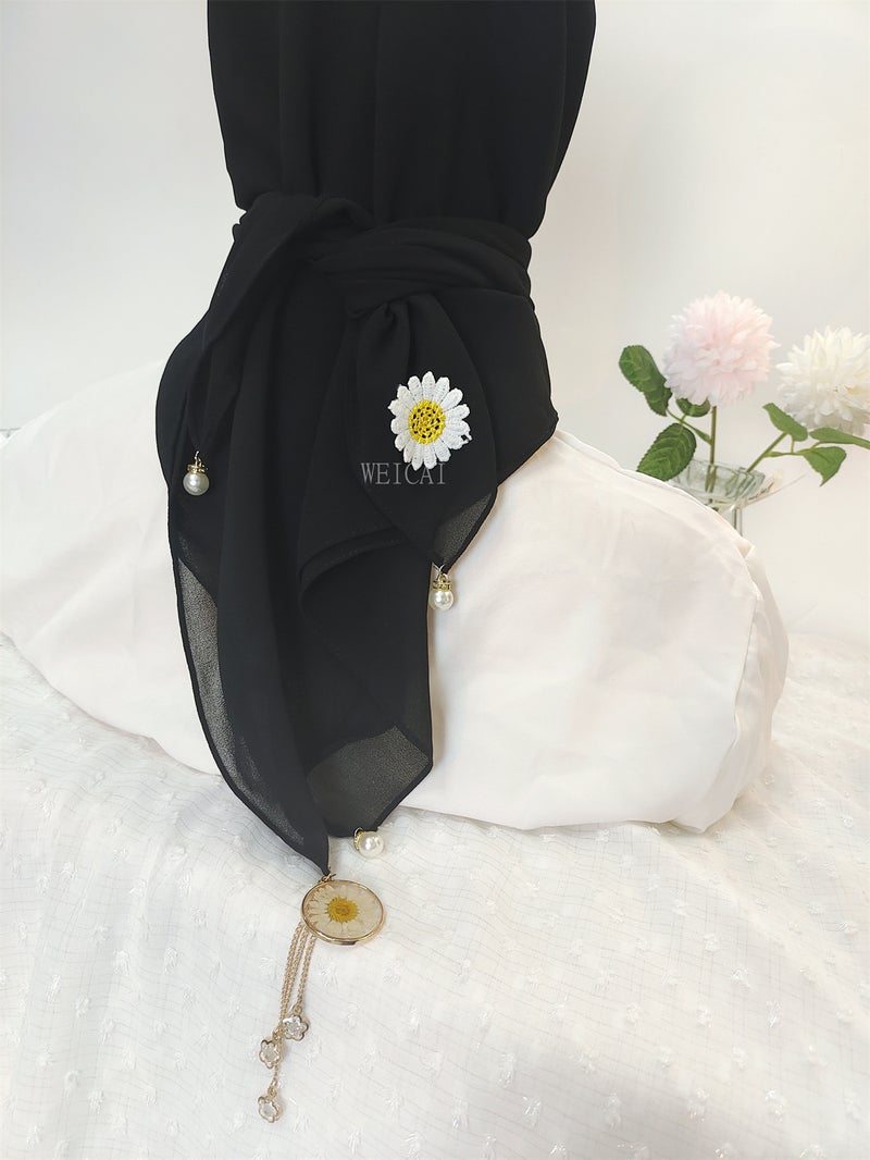 New Solid Chiffon Hijab Daisy Print Scarf Black