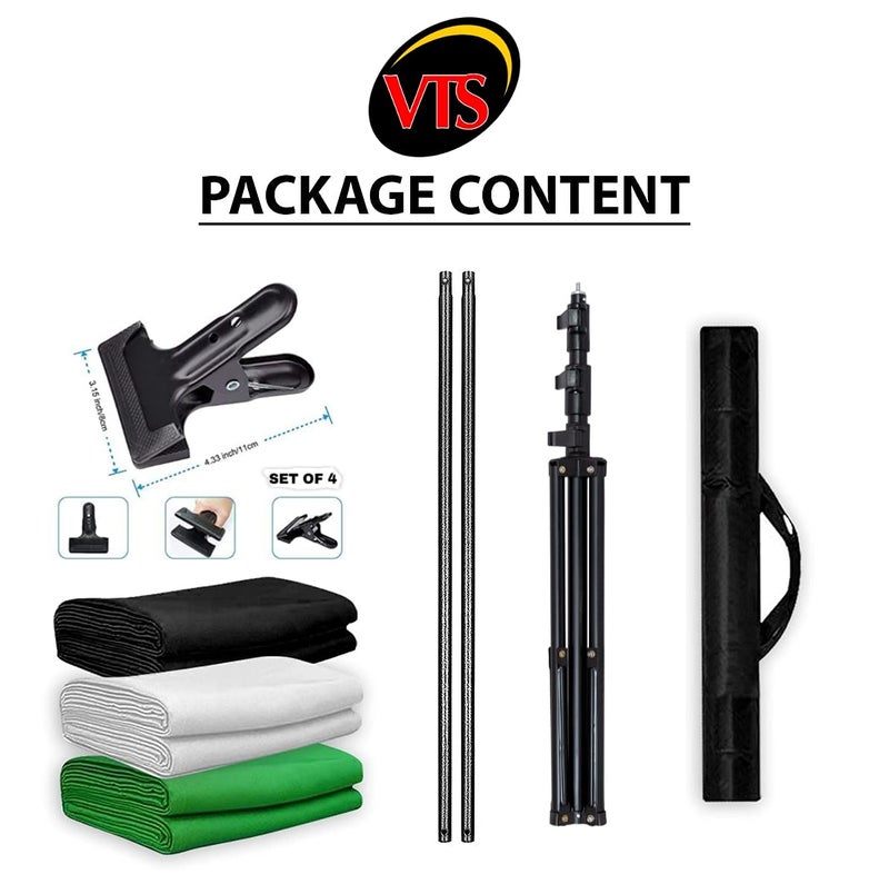 VTS 8X8 FT Portable(Green, White, Black) Screen Backdrop with 6X9ft Adjustable T-Shape Background Support Kit for Studio Photography with 4 Metal Spring Clamps and Carry Bag - Image 4