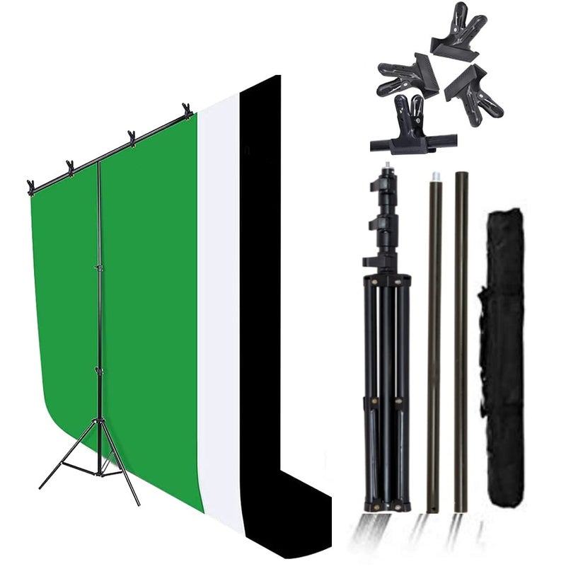 VTS 8X8 FT Portable(Green, White, Black) Screen Backdrop with 6X9ft Adjustable T-Shape Background Support Kit for Studio Photography with 4 Metal Spring Clamps and Carry Bag - Image 1