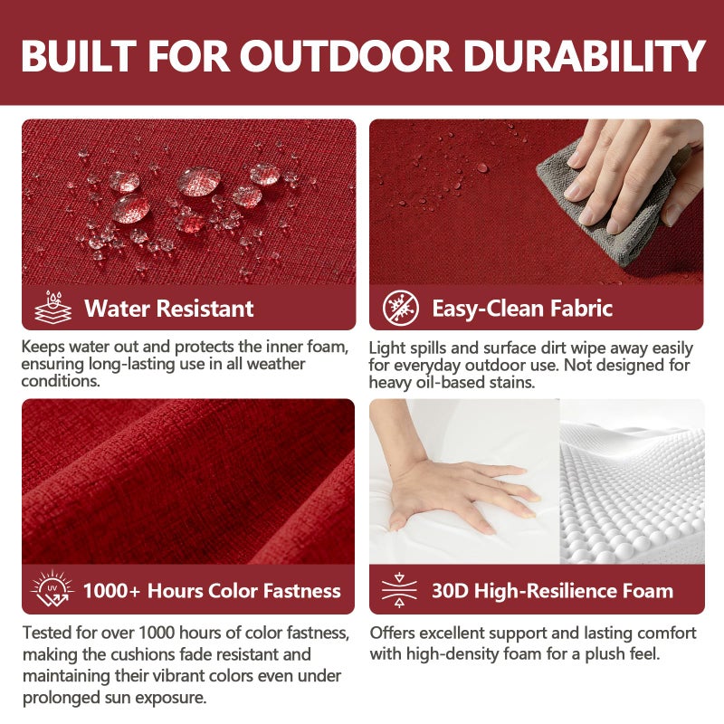 Goodgoods 20 x 20 Outdoor Chair Cushions Set of 2, 1000+ Hours Fade-Resistant & Water-Resistant Furniture Chair Cushions with 30D High-Resilience Foam for Dining Room, Patio Chair, Chili - Image 3