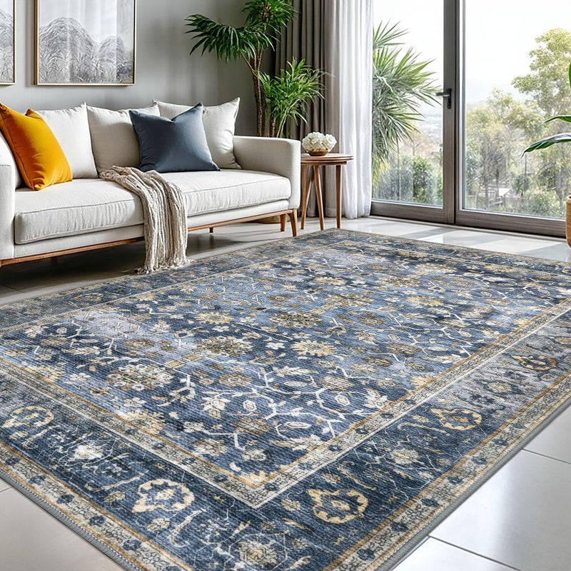 KUTA Floral Area Rugs for Living Room 8x10 Blue Grey Beige, Washable Large Rug for Bedroom 8ft x 10ft Non-Slip, Low-Pile Ultra Thin Soft Printed Vintage Medallion Distressed Dining Room Carpet - Image 1