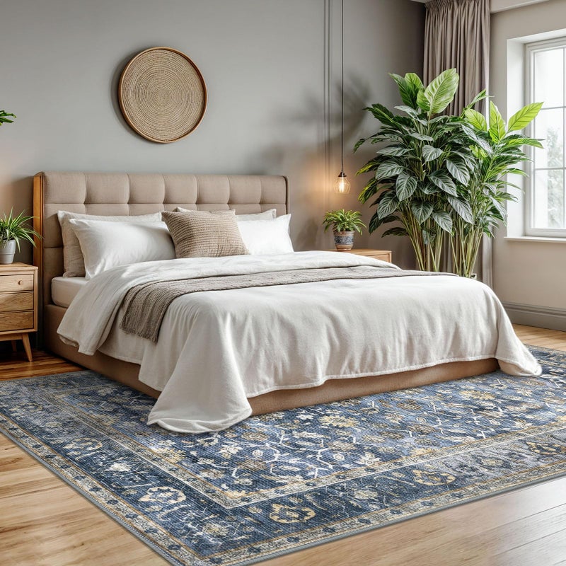 KUTA Floral Area Rugs for Living Room 8x10 Blue Grey Beige, Washable Large Rug for Bedroom 8ft x 10ft Non-Slip, Low-Pile Ultra Thin Soft Printed Vintage Medallion Distressed Dining Room Carpet - Image 2