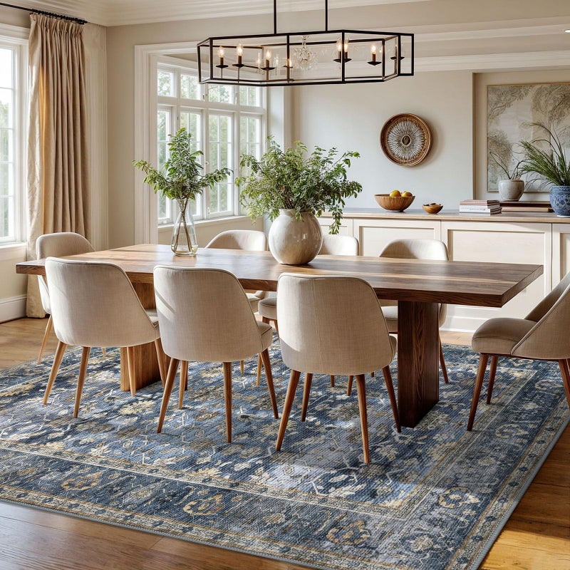 KUTA Floral Area Rugs for Living Room 8x10 Blue Grey Beige, Washable Large Rug for Bedroom 8ft x 10ft Non-Slip, Low-Pile Ultra Thin Soft Printed Vintage Medallion Distressed Dining Room Carpet - Image 3