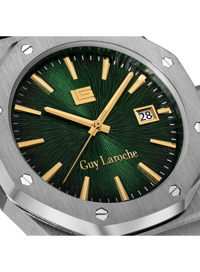 Guy Laroche Sam Green Dial Silver Metal Bracelet Analog Watch for Men 42mm