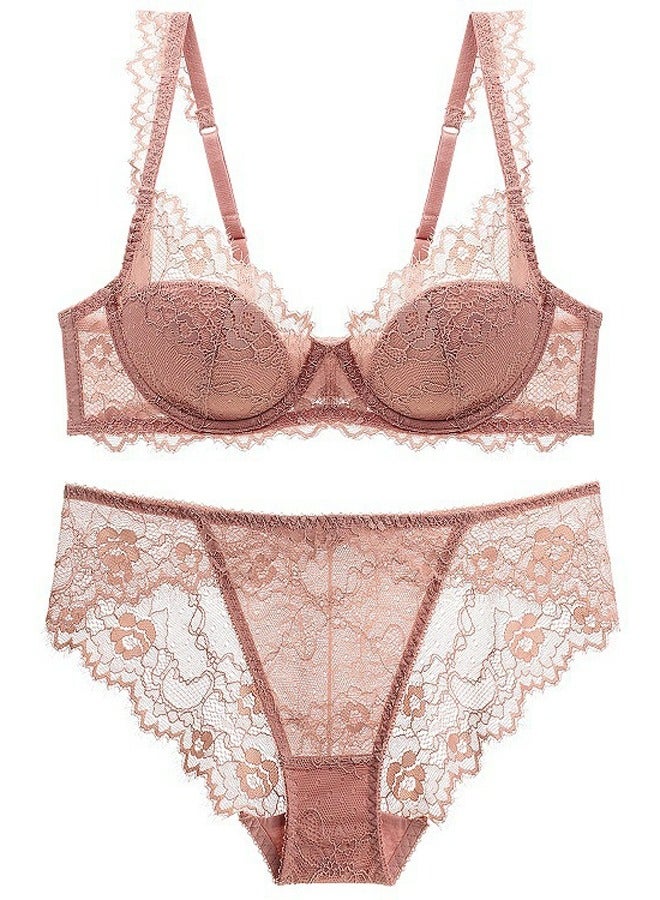 Loquat Solid Color Thin Cup Lace Bra Panty Set Pink