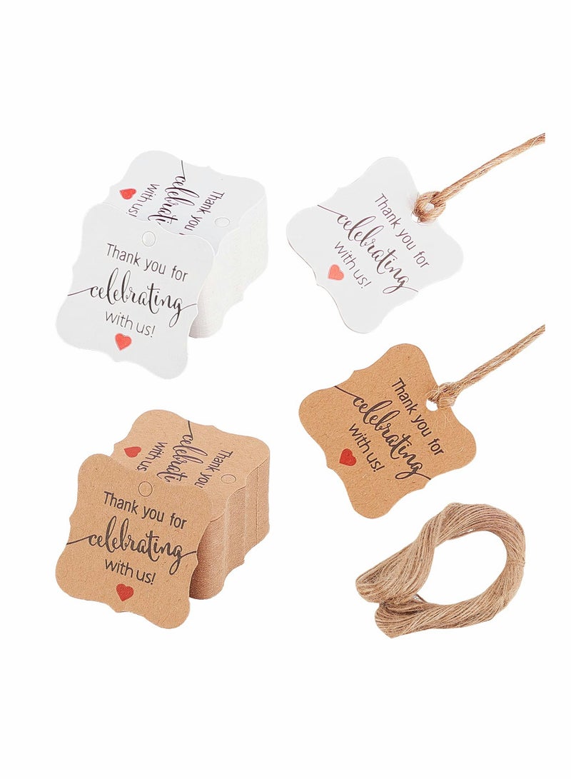KASTWAVE Thank You Tags, 200pcs 2 Colors 1 Inch(3cm) Thank You for Celebrating with Us Paper Gift Tags Kraft Paper Tags with 13FT Hemp Ropes - Image 1