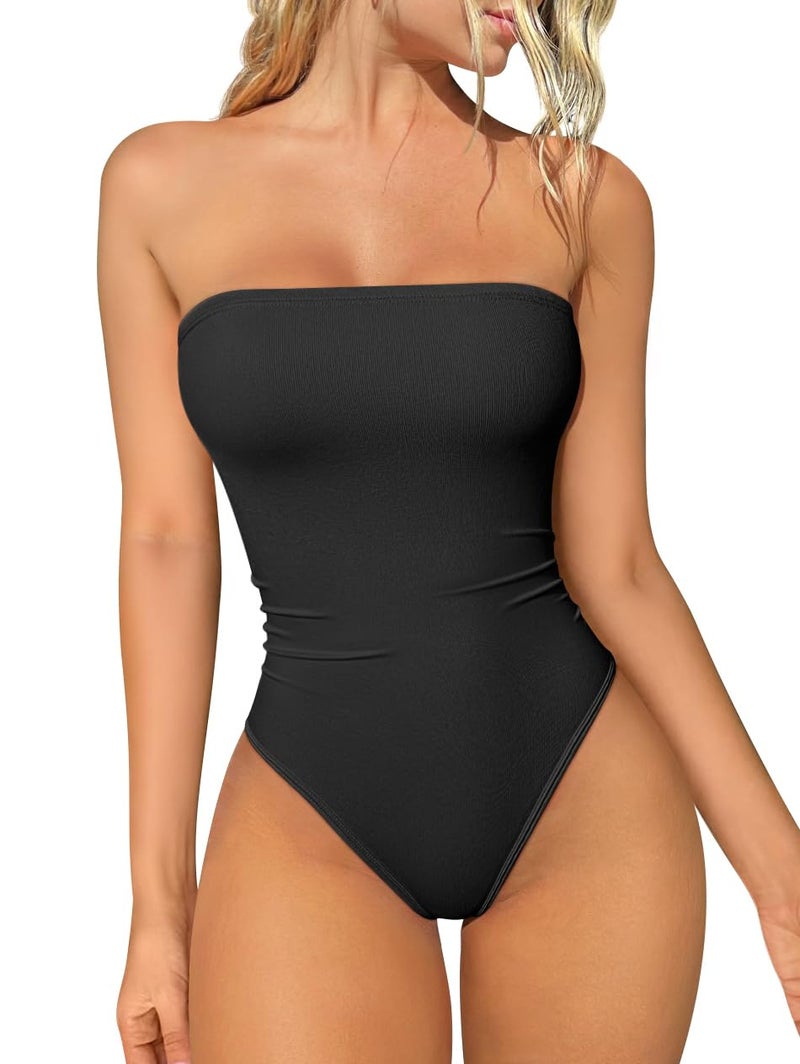 OQQ Womens Tube Bodysuits Strapless Basic Sleeveless Ruched Stretch Classic-Fit Tops Sexy Bodysuits Black - Image 1