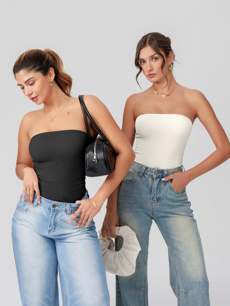 OQQ Womens Tube Bodysuits Strapless Basic Sleeveless Ruched Stretch Classic-Fit Tops Sexy Bodysuits Black - Image 5