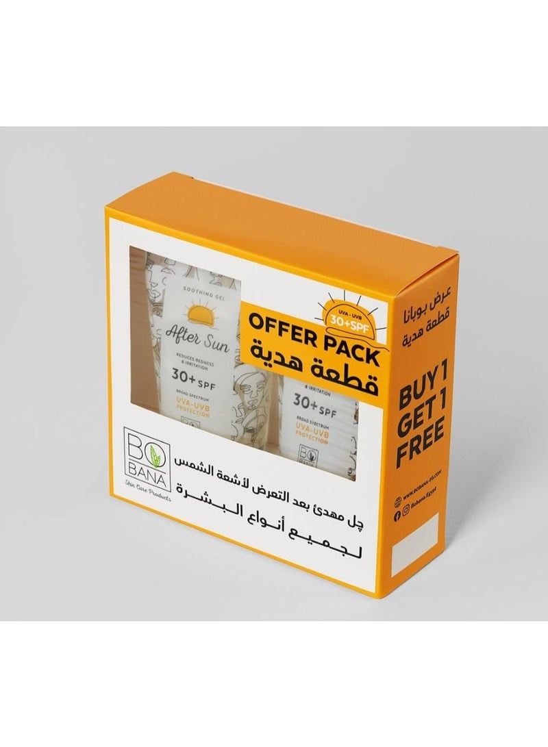 بوبانا جل مهدئ لما بعد التعرض للشمس بعامل حماية من الشمس 30 - حماية من الأشعة فوق البنفسجية UVA/UVB، يقلل الاحمرار والتهيج، (150 مل + 150 مل) - جل مرطب بخلاصة الصبار وفيتامين E لتخفيف حروق الشمس - عرض (1 + 1 مجاناً) - Image 2