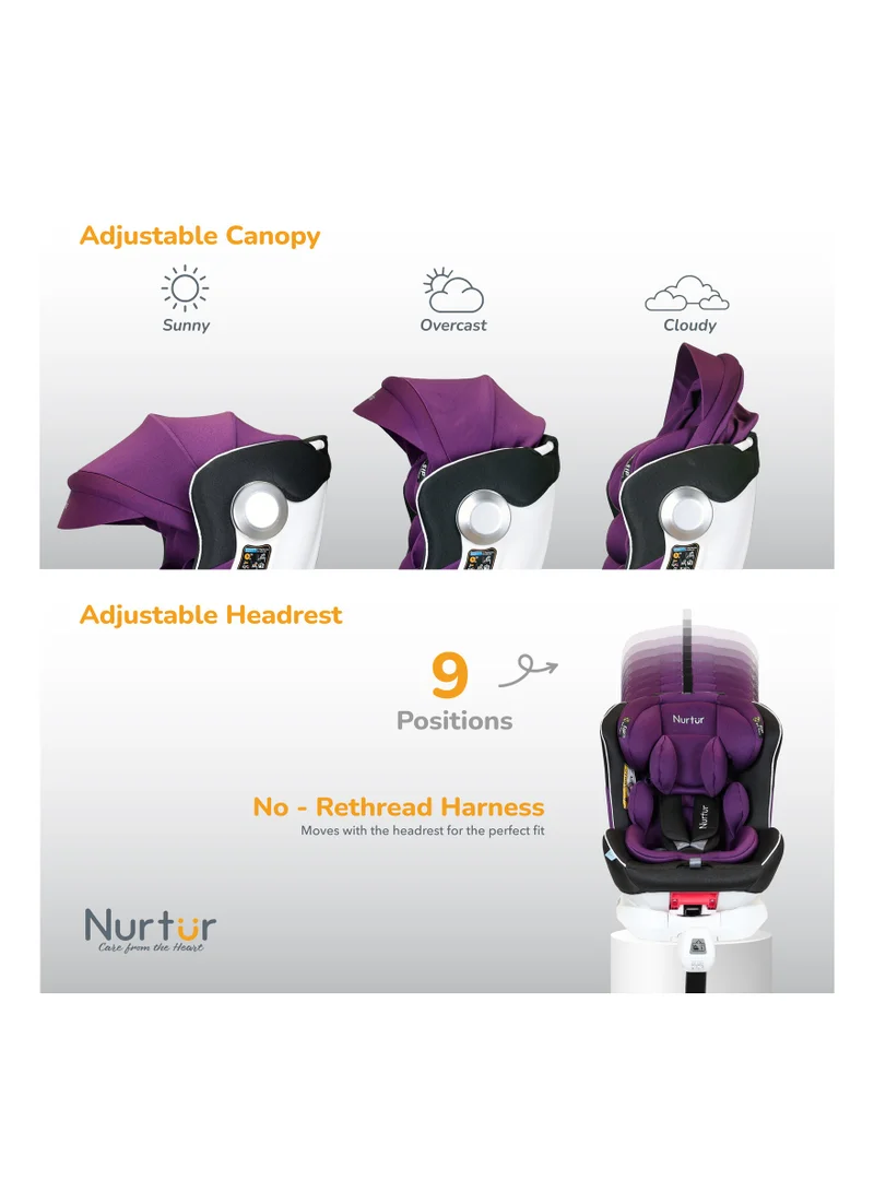 Nurtur Liberty Baby 4 In 1 Car Seat Leg Support ISOFIX 10 - Level Adjustable Backrest With Canopy Upto 36kg, Purple