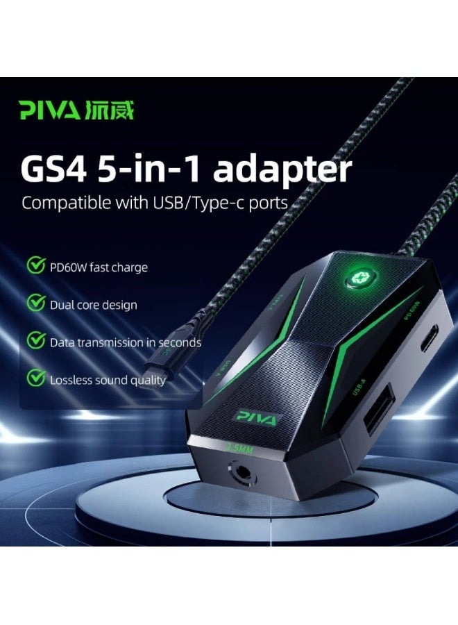 PIVA GS4 Type C 5 in 1 Adapter with 32bit Sound Card 60W Fast Charging Data Transfer Rate Up to 480Mbps Compatible with AUX and Type C Headphones Supports All iPads and iPhones with Type C Port - Image 3