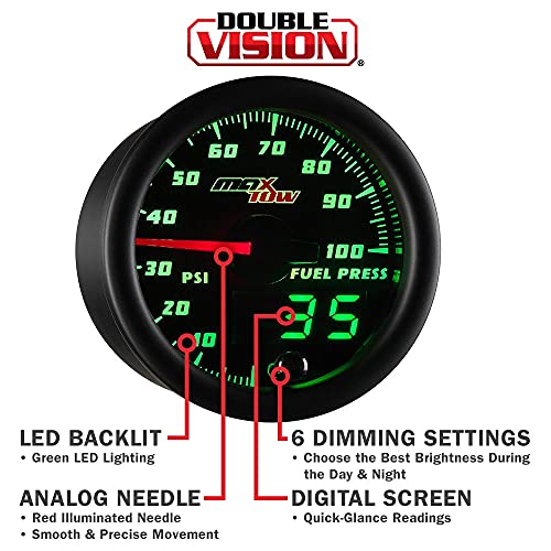 MaxTow Double Vision 100 PSI Fuel Pressure Gauge Kit - Includes 1/8-27 NPT Electronic Sensor & Wiring - Black Dial - Green LED Lighting - Analog & Digital Readouts - for Trucks - 2-1/16" 52mm - Image 4