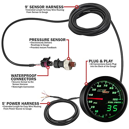 MaxTow Double Vision 100 PSI Fuel Pressure Gauge Kit - Includes 1/8-27 NPT Electronic Sensor & Wiring - Black Dial - Green LED Lighting - Analog & Digital Readouts - for Trucks - 2-1/16" 52mm - Image 3