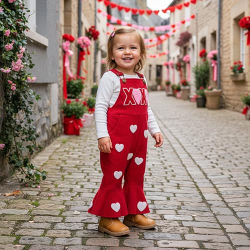 Rtnnsbbfcm Toddler Baby Girl Valentines Outfit Love Heart Overalls Kids Bell Bottoms Little Girls Spring Clothing (Heart, 4-5 Years) - Image 2
