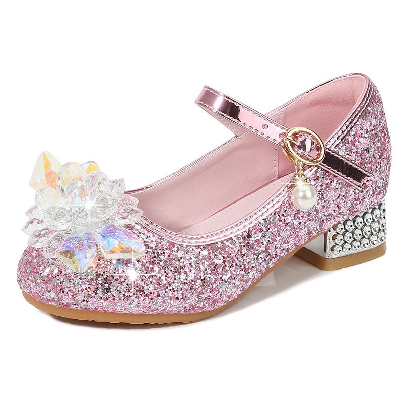 Girls' Princess Shoes Fashion New Korean Style Single Shoes Large Children'S Crystal Flower High Heels Blue Non-Slip Shoes - Image 1