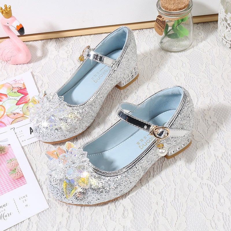 Girls' Princess Shoes Fashion New Korean Style Single Shoes Large Children'S Crystal Flower High Heels Blue Non-Slip Shoes - Image 2