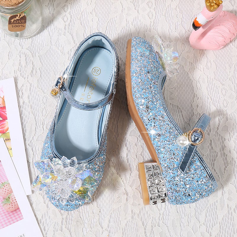 Girls' Princess Shoes Fashion New Korean Style Single Shoes Large Children'S Crystal Flower High Heels Blue Non-Slip Shoes - Image 4