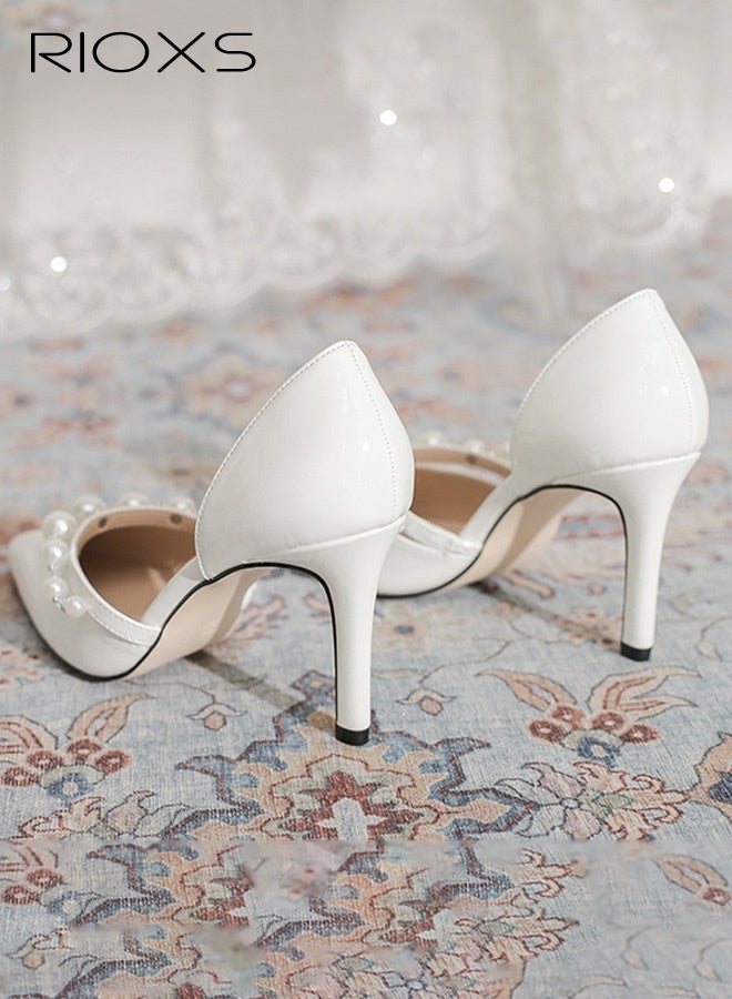 RIOXS Women's Slingback Heels, Stylish Stiletto Heels for Women, Closed Pointed Toe High Heels, Ladies Strappy Pearl Elegant Dressy Shoes, Fashional Heeled Shoes for Women, Wedding Prom Pumps Shoes, Womens Stiletto Heeled Shoes for Work Casual Outings Party, Womens Fashion Footwear Comfort Shoes, 8cm Heel Classic White Pumps - Image 4