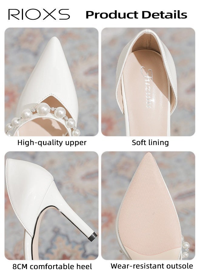 RIOXS Women's Slingback Heels, Stylish Stiletto Heels for Women, Closed Pointed Toe High Heels, Ladies Strappy Pearl Elegant Dressy Shoes, Fashional Heeled Shoes for Women, Wedding Prom Pumps Shoes, Womens Stiletto Heeled Shoes for Work Casual Outings Party, Womens Fashion Footwear Comfort Shoes, 8cm Heel Classic White Pumps - Image 5
