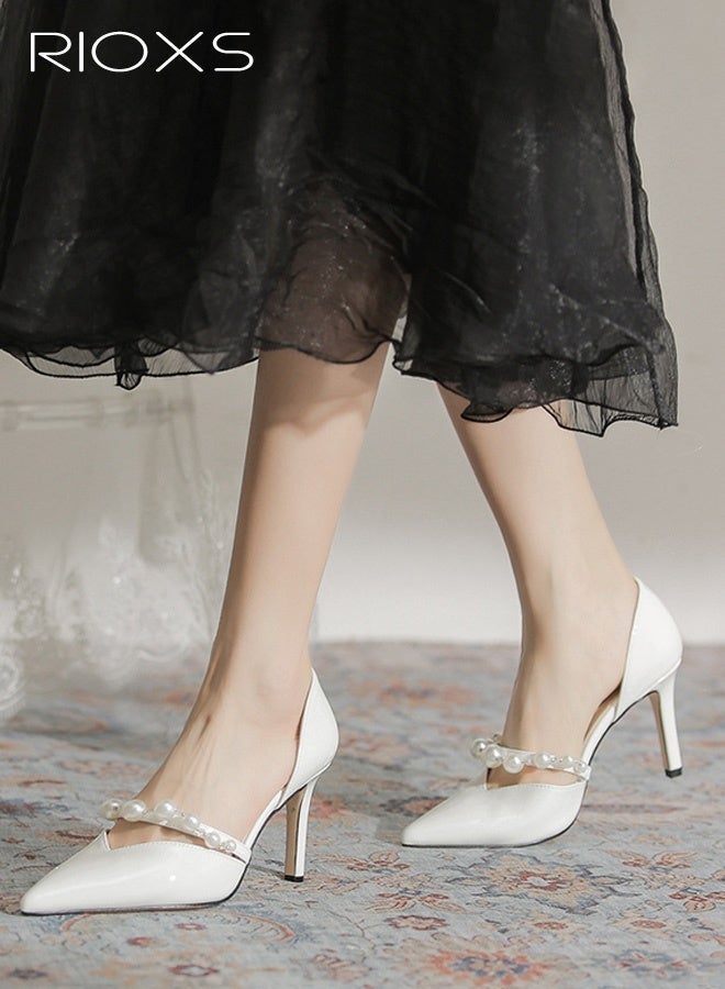 RIOXS Women's Slingback Heels, Stylish Stiletto Heels for Women, Closed Pointed Toe High Heels, Ladies Strappy Pearl Elegant Dressy Shoes, Fashional Heeled Shoes for Women, Wedding Prom Pumps Shoes, Womens Stiletto Heeled Shoes for Work Casual Outings Party, Womens Fashion Footwear Comfort Shoes, 8cm Heel Classic White Pumps - Image 2