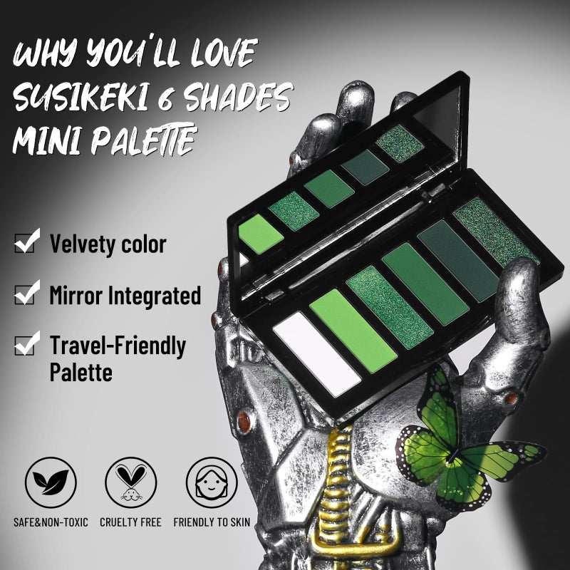 SUSIKEKI Green Eyeshadow Palette with Mirror Lime Forest Emerald Tones Matte Shimmer 6 Colors Mini Eye Shadow Pallet Travel Size Highly Pigmented for Goth Fairy Joker Wicked Halloween Parties Makeup - Image 2
